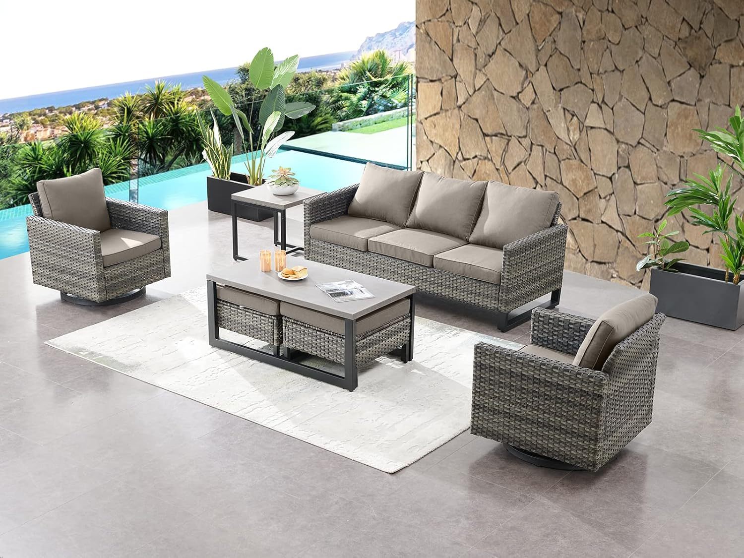 7 Piece Patio Furniture Set Outdoor Sectional Sofa,High Back Patio Swivel Rocker Chairs with Ottomans Coffee Table for Porch