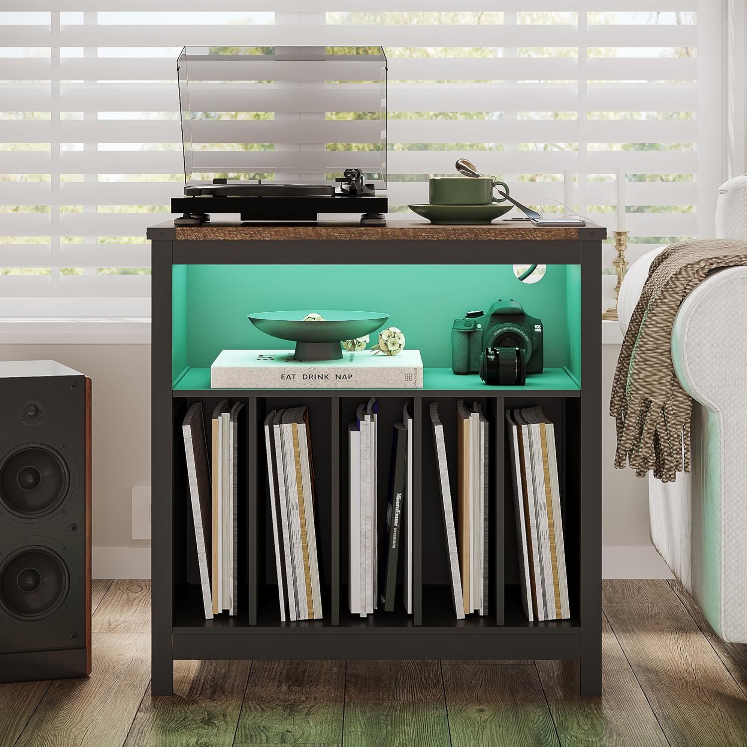Large Record Player Stand with Charging Station & LED Light, Vinyl Record Holder hold up to 300 Albums