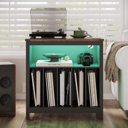Large Record Player Stand with Charging Station & LED Light, Vinyl Record Holder hold up to 300 Albums