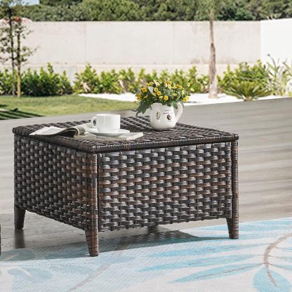 Outdoor Ottomans for Patio Set of 2 PE Wicker Steel Frame Outdoor Footstool for Patio, Backyard, Additional Seating, Side Tables with Removable Weather-Resistant Cushions