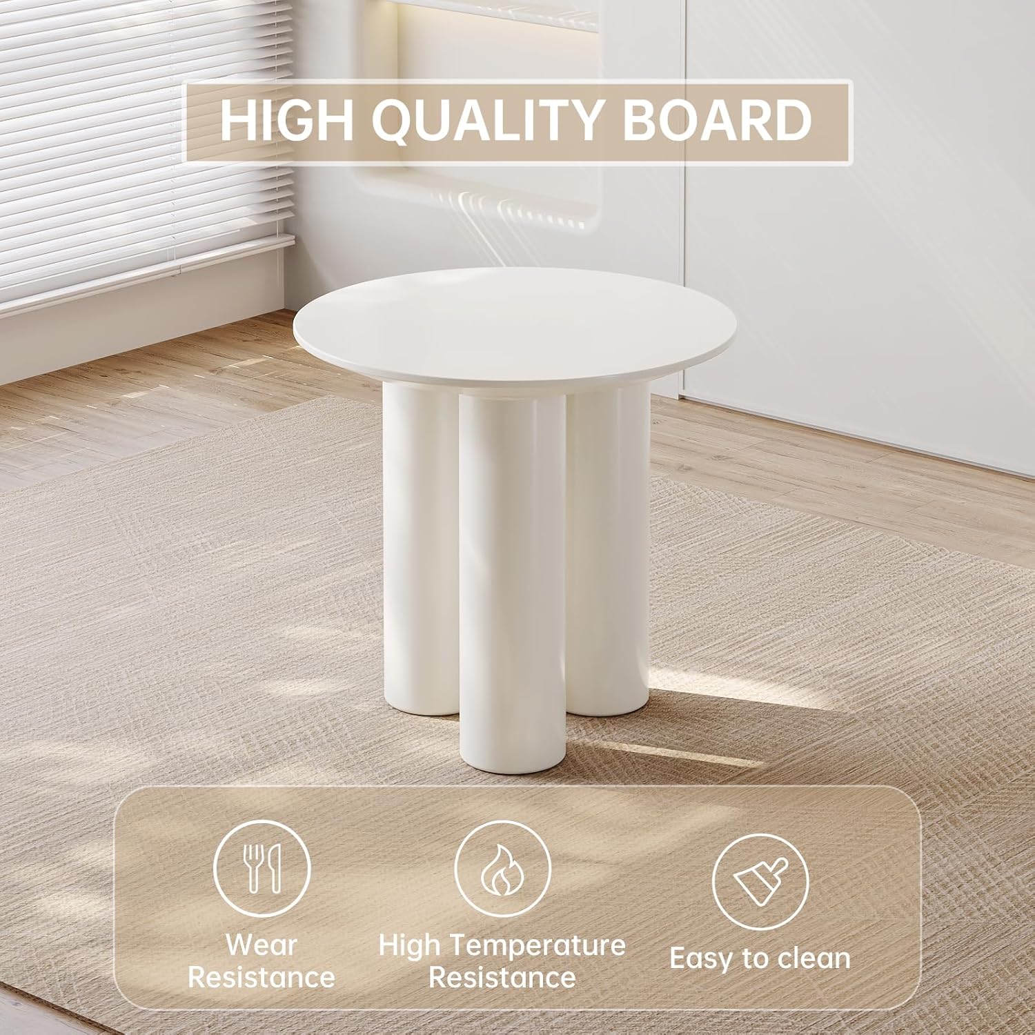 30" Kitchen Dining Table with 3 Powerful Support Legs, Modern Dining Room Table with Cream Smooth Surface and Round Edge