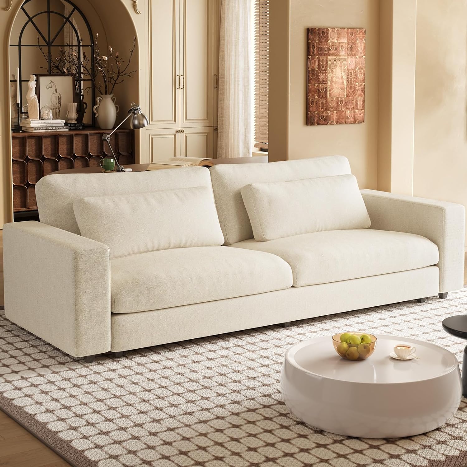 104" Spacious Modular Sofa Couch, Comfy Poofy Cloud Sofa with Armrest and Pillows, Modern White Couch with Deep Seat