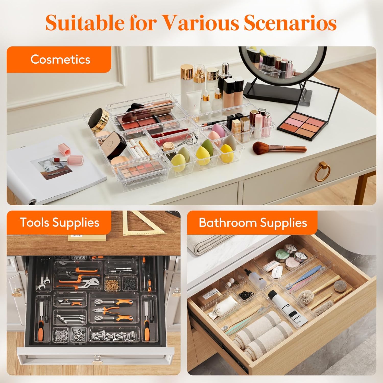 Drawer Organizer 17PCS, 4 Sizes Clear Plastic Desk Drawer Dividers, Storage Separation Bins for Make Up, Kitchen Utensils