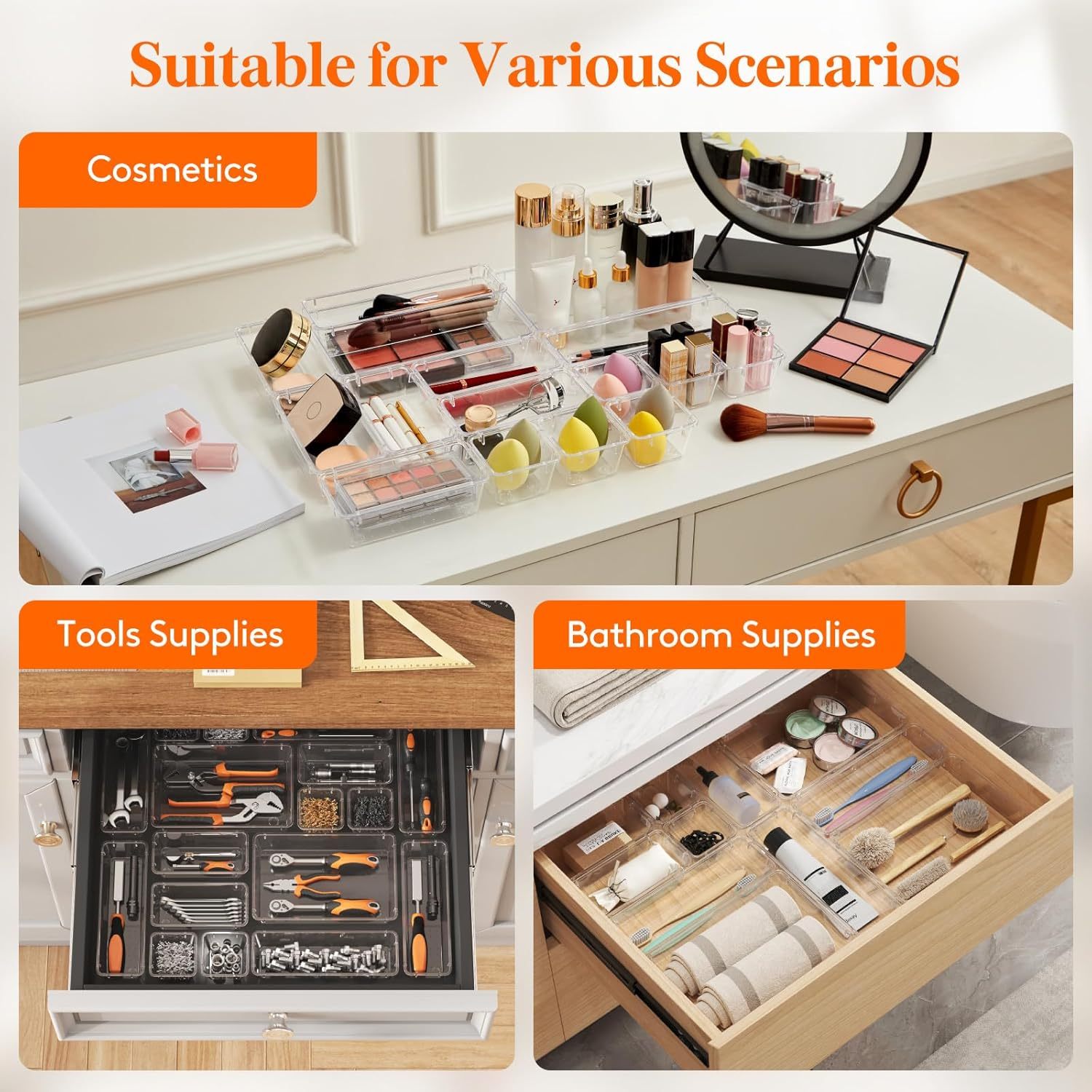 Drawer Organizer 17PCS, 4 Sizes Clear Plastic Desk Drawer Dividers, Storage Separation Bins for Make Up, Kitchen Utensils