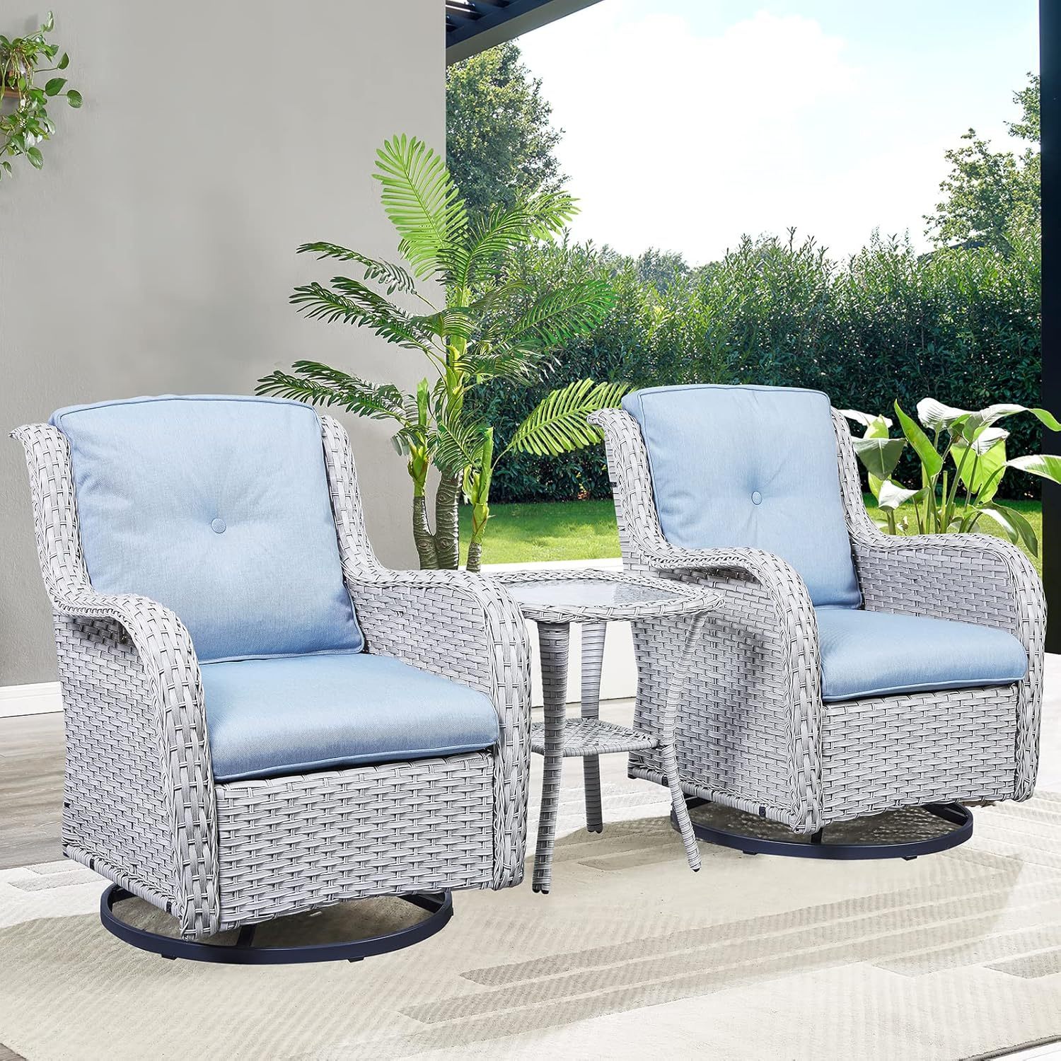 3-Piece Swivel Rocking Rattan Chair Outdoor,Patio Bistro Furniture Conversation Set,Wicker Chair with Glass Side Table
