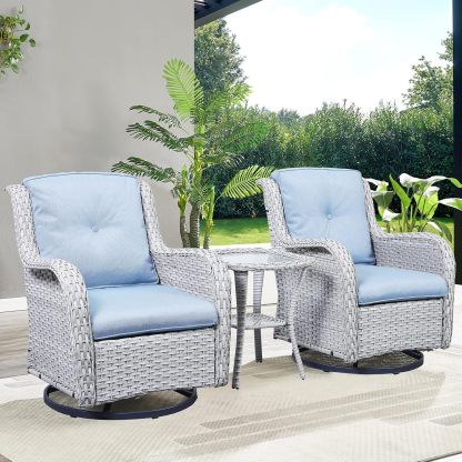 3-Piece Swivel Rocking Rattan Chair Outdoor,Patio Bistro Furniture Conversation Set,Wicker Chair with Glass Side Table