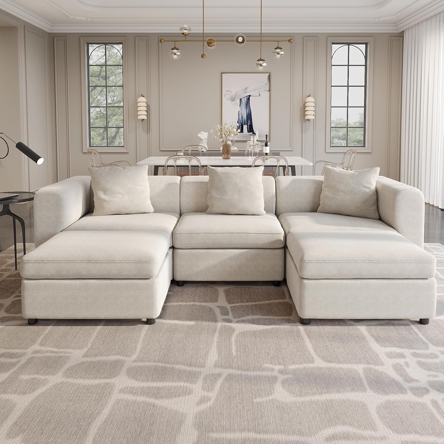 Off-White Comfy Queen Sectional Sofa, Sleeper Sofa Couch with Removable Cushion, Modular Sofa with Pillows and Storage Chaise