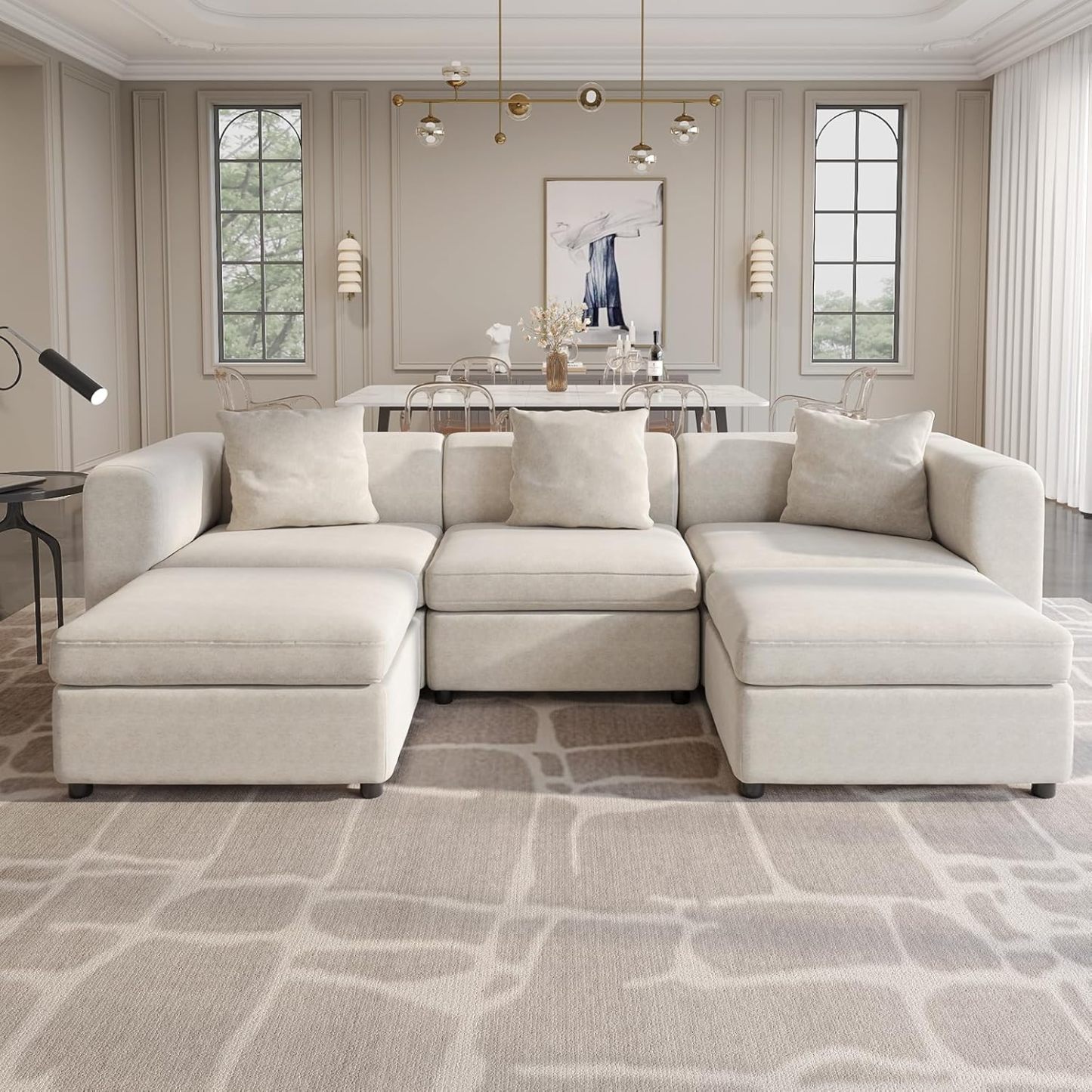 Off-White Comfy Queen Sectional Sofa, Sleeper Sofa Couch with Removable Cushion, Modular Sofa with Pillows and Storage Chaise