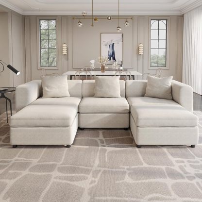 Off-White Comfy Queen Sectional Sofa, Sleeper Sofa Couch with Removable Cushion, Modular Sofa with Pillows and Storage Chaise