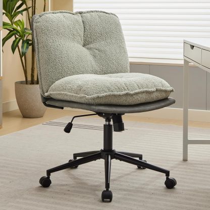 Home Office Chair, Teddy Upholstered Desk Chair with Thick Cushion, Armless Swivel Task Chair, Adjustable Height 360° Rolling Ergonomic Chair