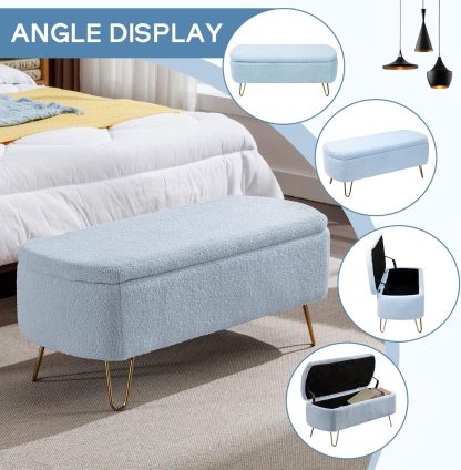 Modern Storage Ottoman Bench, Vintage Boucle Upholstered Entryway Bench, End of Bed Bench with Gold Legs