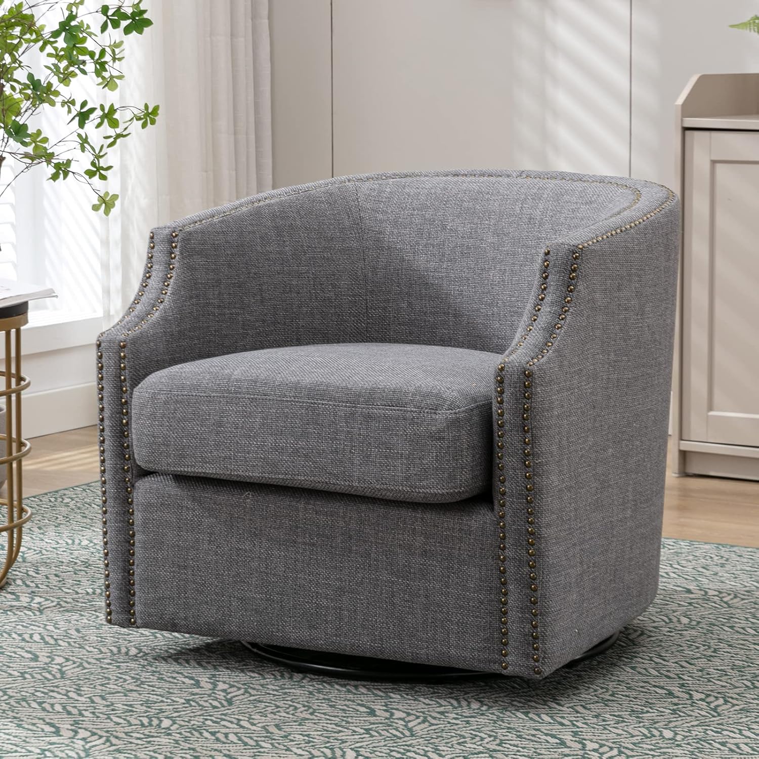 Modern Swivel Accent Chair, Upholstered Barrel Armchair with Swivel Base, Club Round Chair