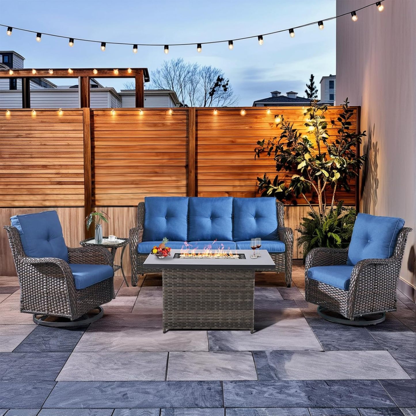 Patio Furniture Set with Fire Pit Table 5-Piece Wicker Outdoor Swivel Rocker Patio Chairs High Back Outdoor Couch Conversation Set