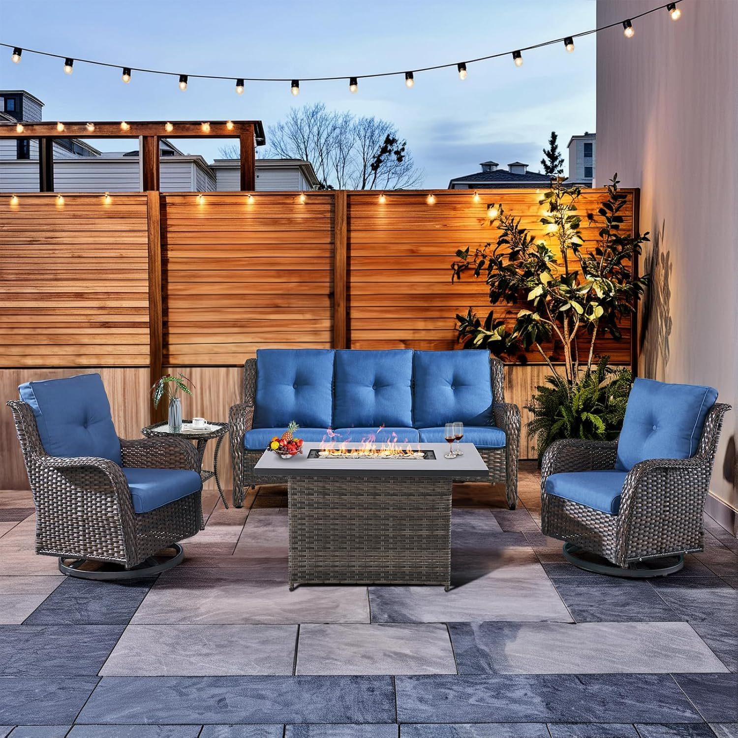 Patio Furniture Set with Fire Pit Table 5-Piece Wicker Outdoor Swivel Rocker Patio Chairs High Back Outdoor Couch Conversation Set