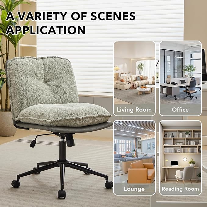 Home Office Chair, Teddy Upholstered Desk Chair with Thick Cushion, Armless Swivel Task Chair, Adjustable Height 360° Rolling Ergonomic Chair