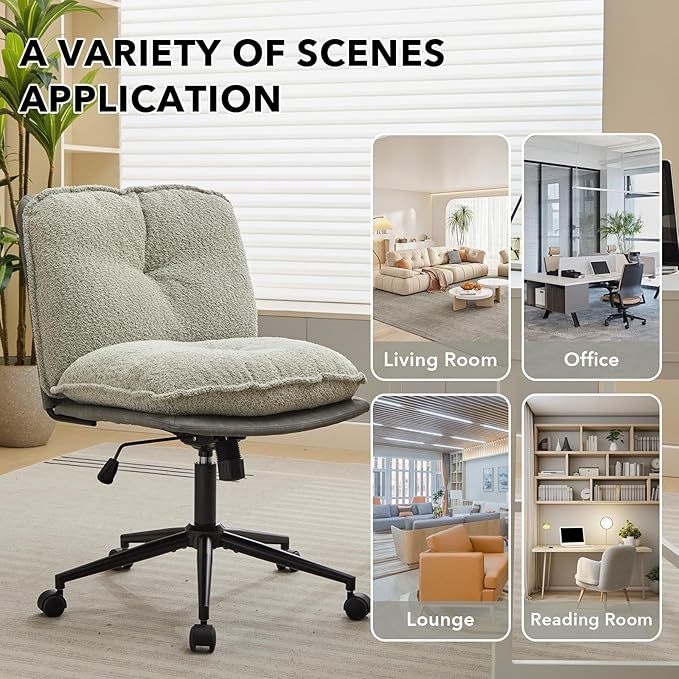 Home Office Chair, Teddy Upholstered Desk Chair with Thick Cushion, Armless Swivel Task Chair, Adjustable Height 360° Rolling Ergonomic Chair