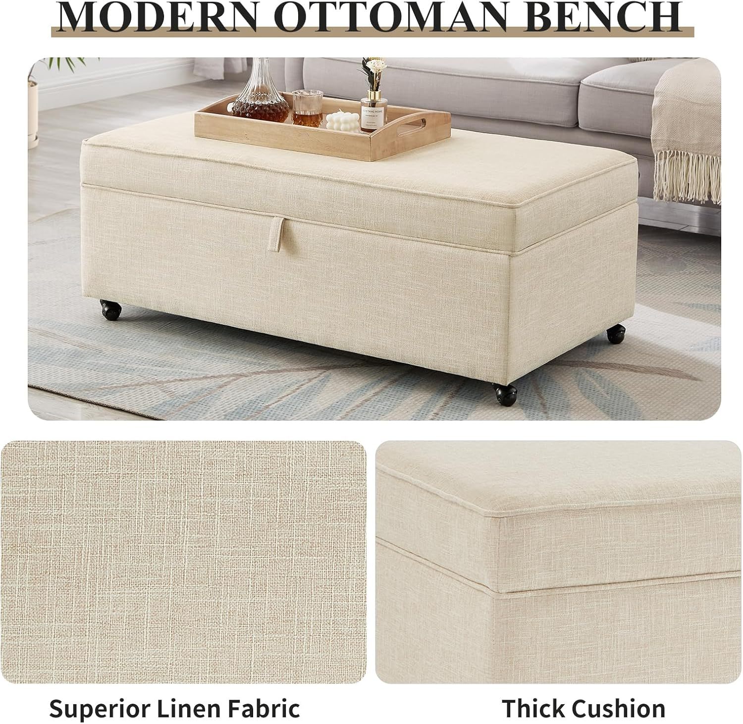 Storage Ottoman Bench, Linen Upholstered Ottoman Bench with Wheels, Multi-Function Bed Bench with Wood Frame