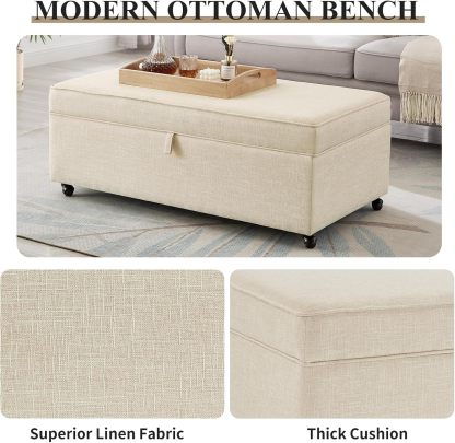 Storage Ottoman Bench, Linen Upholstered Ottoman Bench with Wheels, Multi-Function Bed Bench with Wood Frame