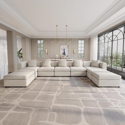 Off-White Comfy Queen Sectional Sofa, Sleeper Sofa Couch with Removable Cushion, Modular Sofa with Pillows and Storage Chaise