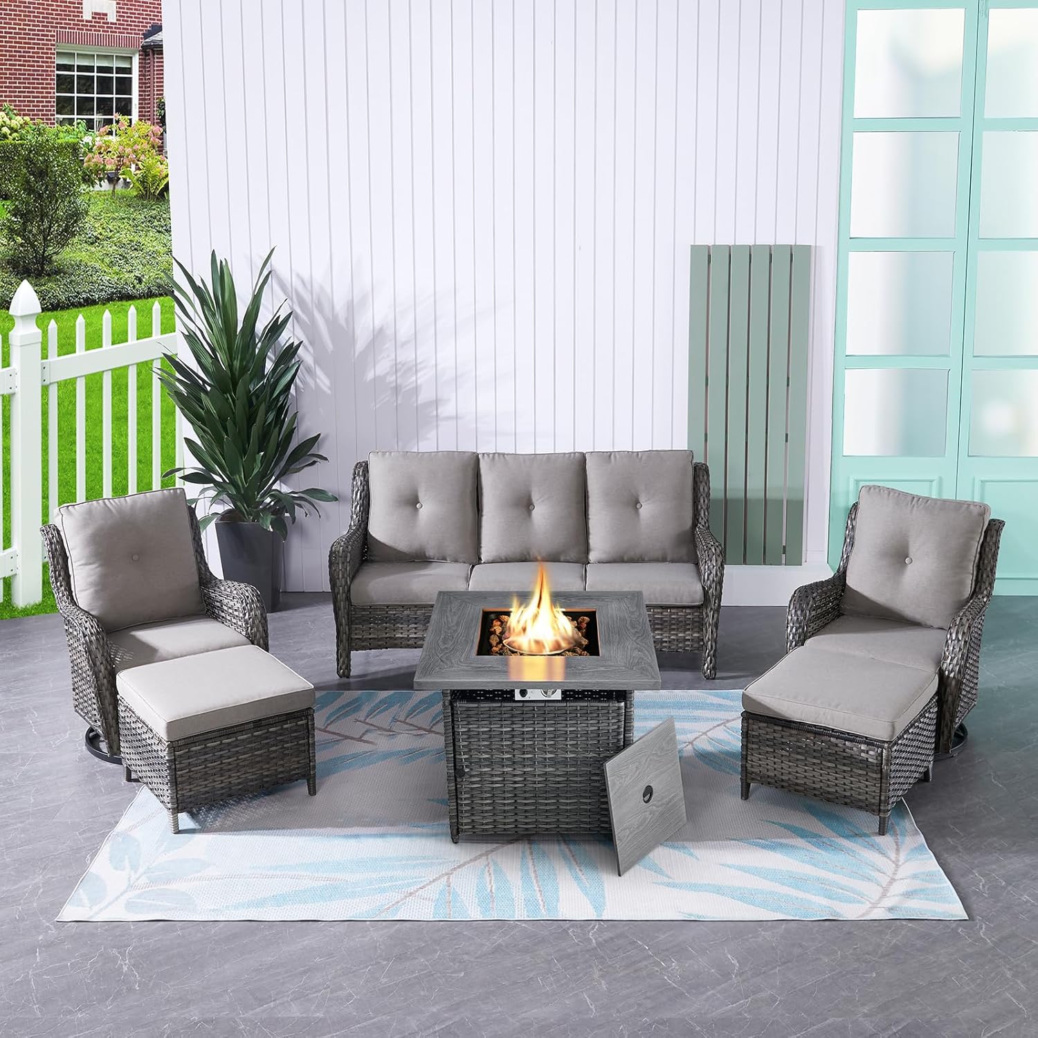 Patio Furniture with Fire Pit 6-Piece Wicker Outdoor Sectional Couch with Swivel Rocking Chairs, Propane Fire Pit Conversation Set