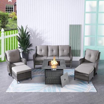 Patio Furniture with Fire Pit 6-Piece Wicker Outdoor Sectional Couch with Swivel Rocking Chairs, Propane Fire Pit Conversation Set