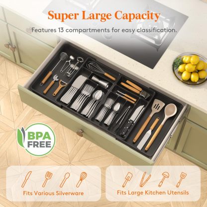Large Silverware Drawer Organizer, Expandable From 21 to 36 Inches, BPA Free Plastic Utensil Tray for Kitchen