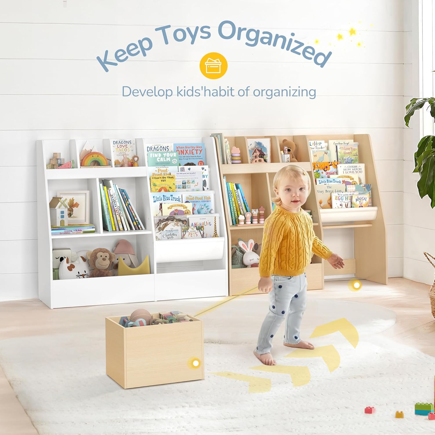 4 in 1 Kids Bookshelf and Toy Storage Organizer, 3-Tier Toy Organizers with Removable Toy Bins, Book Shelf for Kids Room