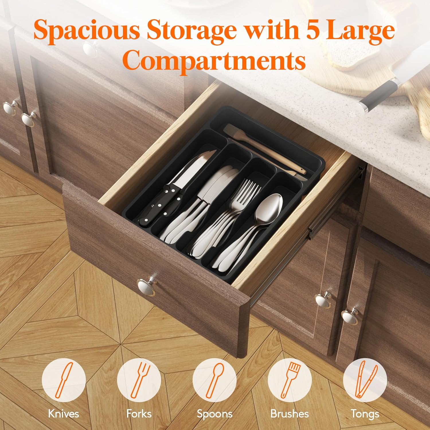 Silverware Drawer Organizer Tray, Plastic Cutlery Storage for Kitchen Drawer, Flatware and Utensil Holder Divider