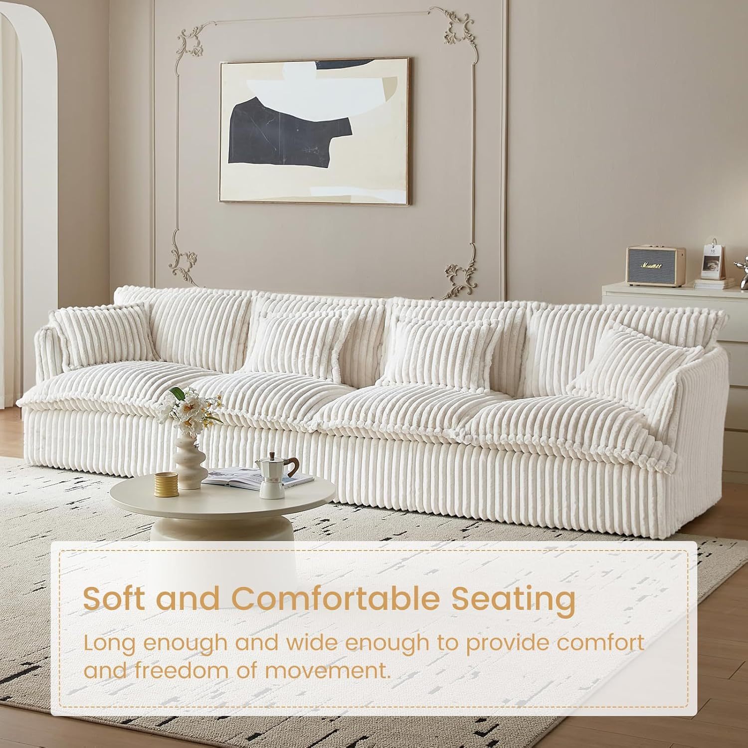 130.7" Corduroy Futon Couch, 4 Seater White Cloud Couch, Comfy Soft Sofa, Modern Corduroy Couch for Bedroom, Floor Couch for Living Room, Memory Foam Modular Cloud Couch (White, 4 Seater)