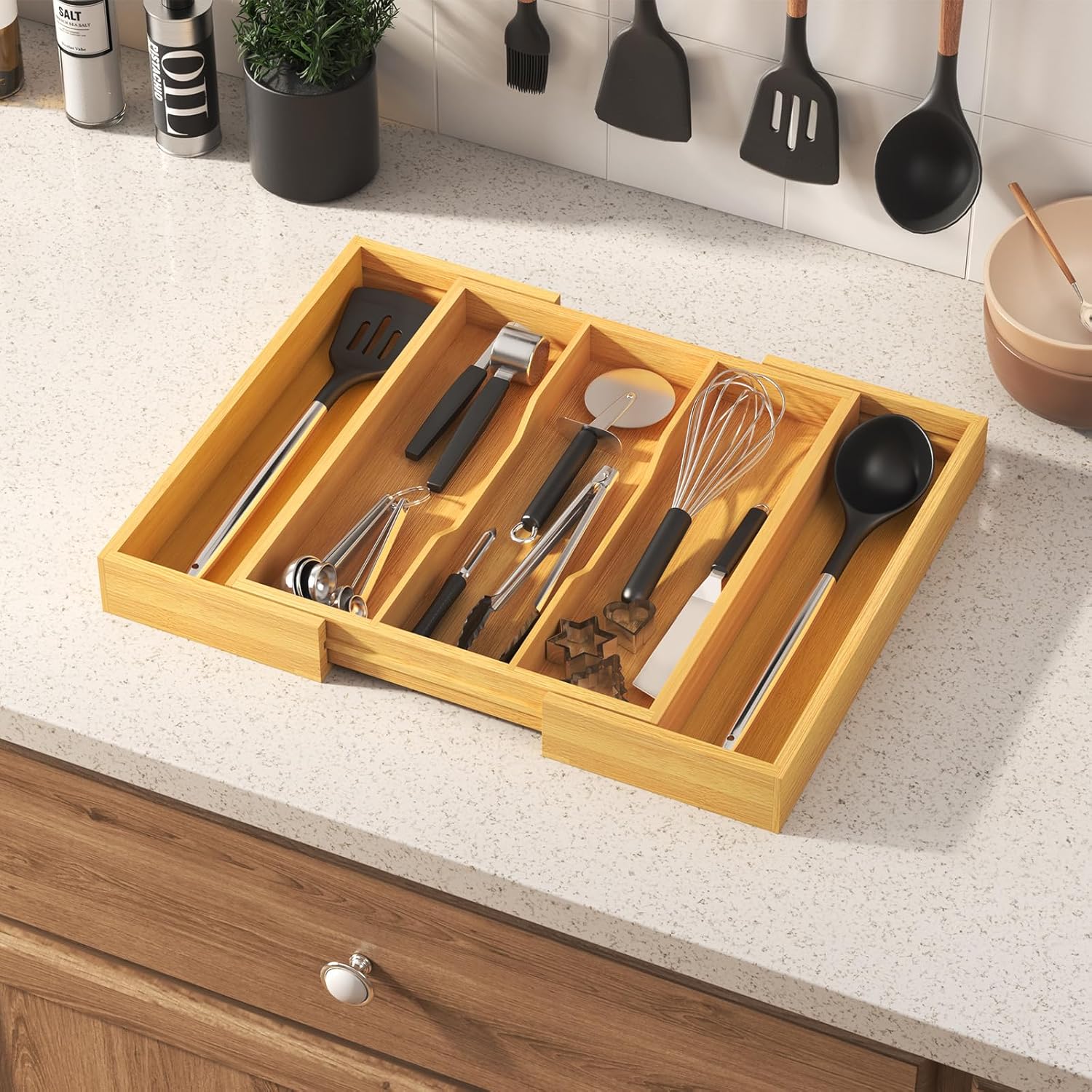 Utensil Organizer for Kitchen Drawer, Expandable Cooking Utensil Tray, Bamboo Cutlery Silverware Flatware Holder