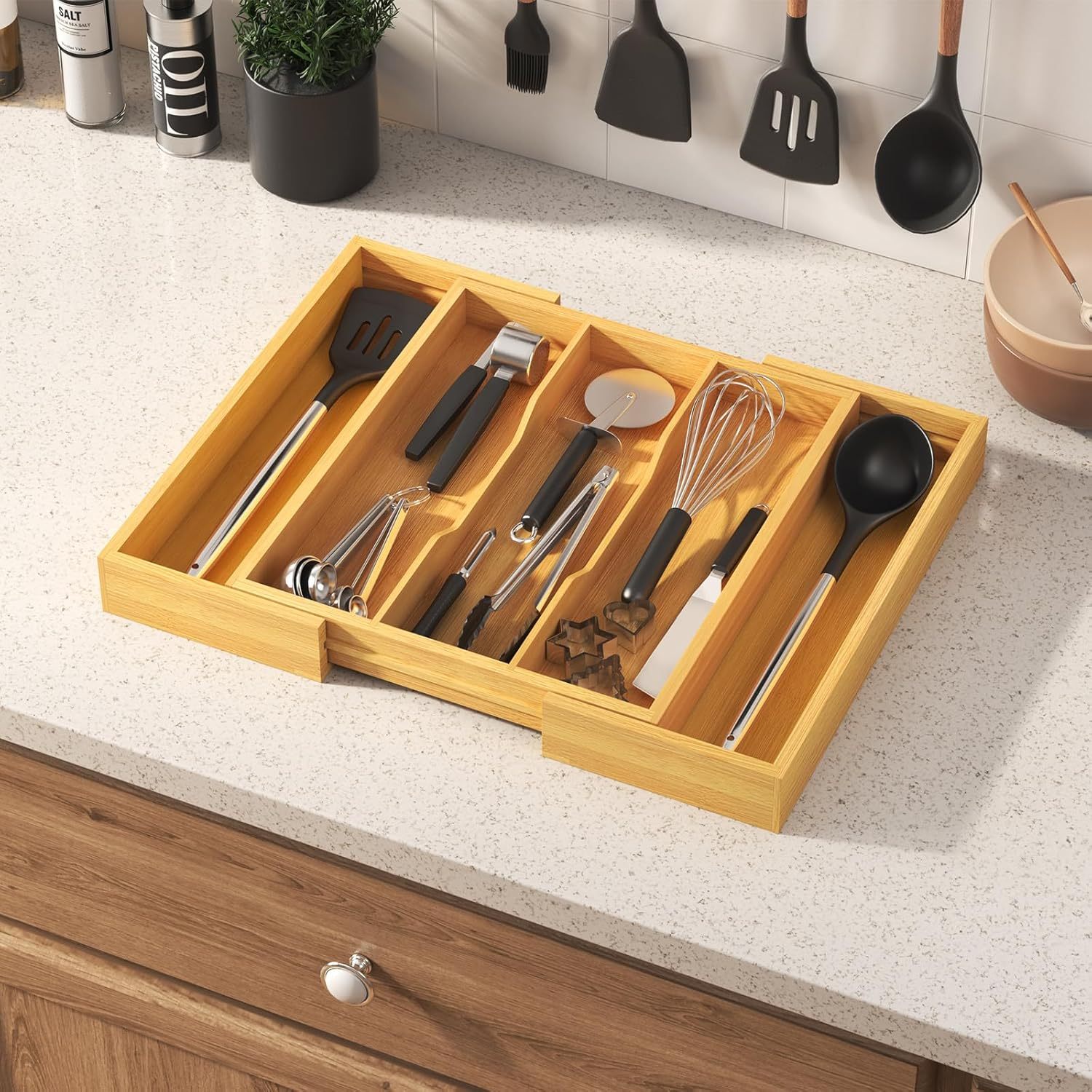 Utensil Organizer for Kitchen Drawer, Expandable Cooking Utensil Tray, Bamboo Cutlery Silverware Flatware Holder