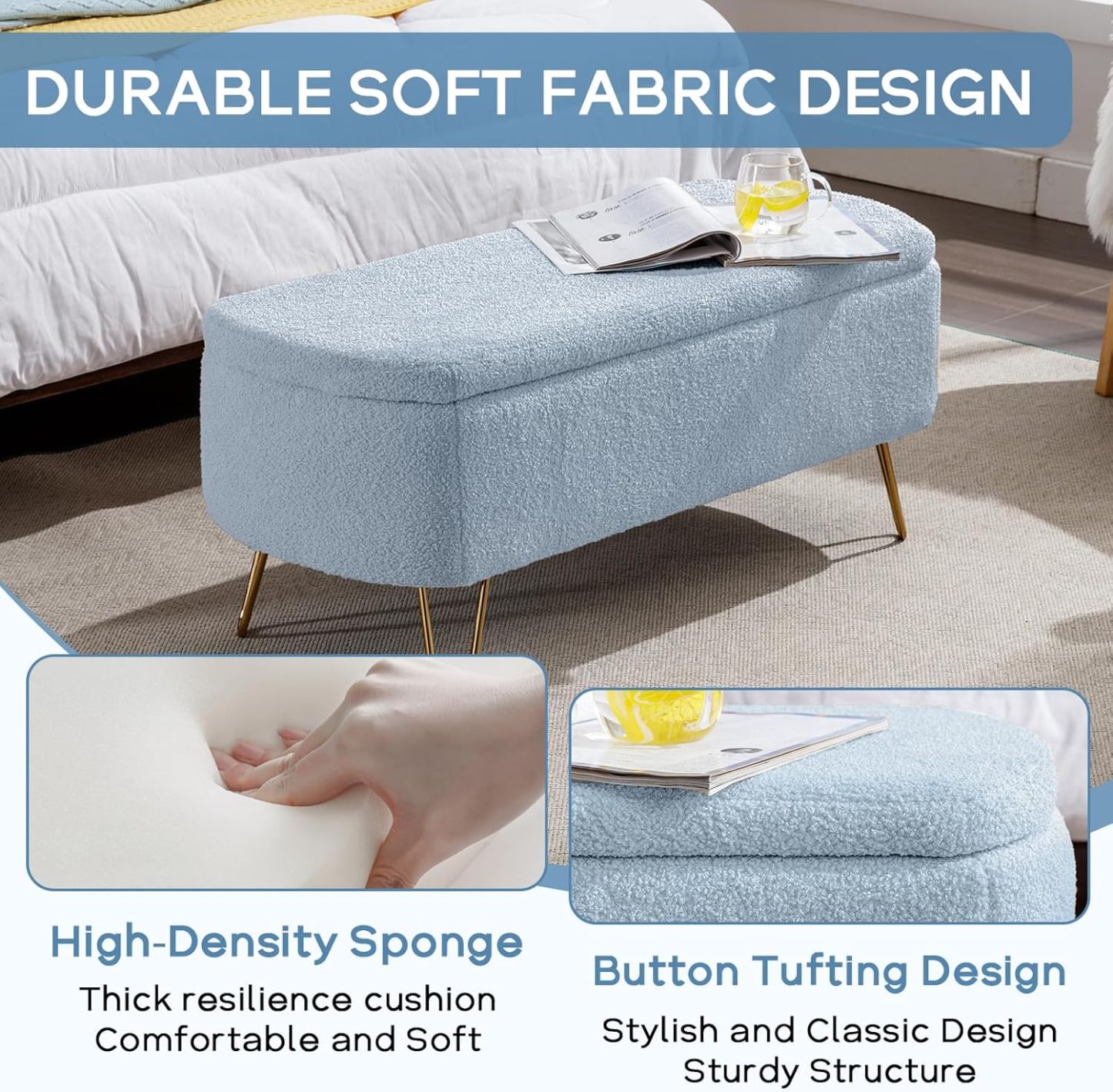 Modern Storage Ottoman Bench, Vintage Boucle Upholstered Entryway Bench, End of Bed Bench with Gold Legs