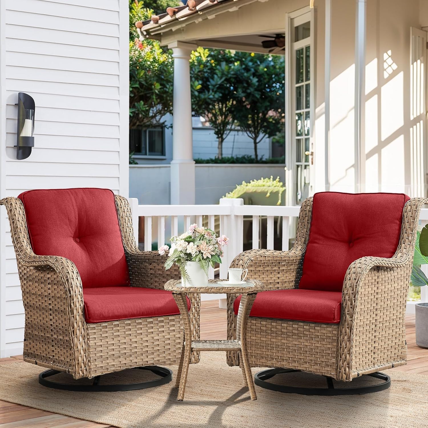 3-Piece Swivel Rocking Rattan Chair Outdoor,Patio Bistro Furniture Conversation Set,Wicker Chair with Glass Side Table