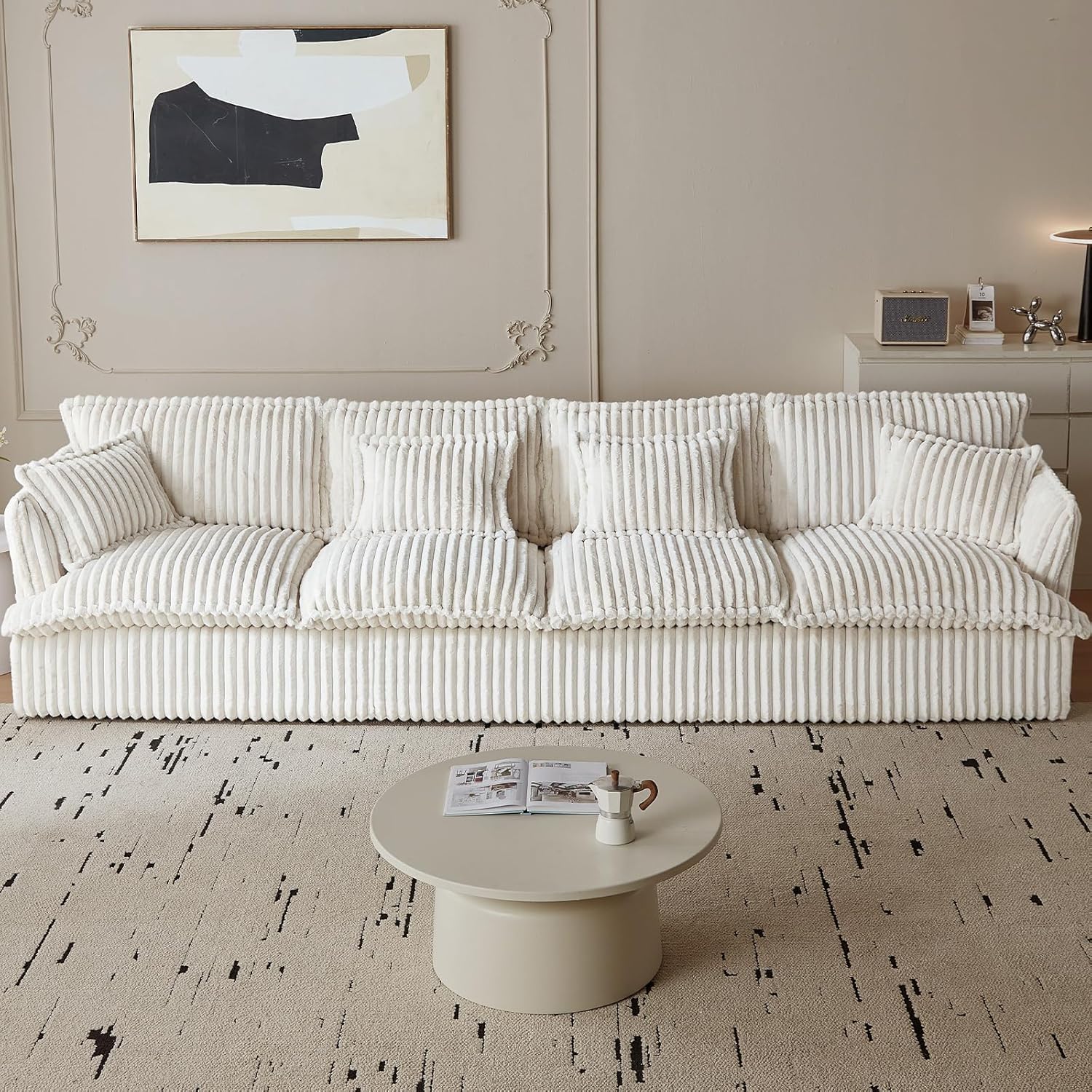 130.7" Corduroy Futon Couch, 4 Seater White Cloud Couch, Comfy Soft Sofa, Modern Corduroy Couch for Bedroom, Floor Couch for Living Room, Memory Foam Modular Cloud Couch (White, 4 Seater)