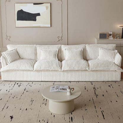 130.7" Corduroy Futon Couch, 4 Seater White Cloud Couch, Comfy Soft Sofa, Modern Corduroy Couch for Bedroom, Floor Couch for Living Room, Memory Foam Modular Cloud Couch (White, 4 Seater)