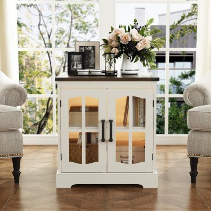 Farmhouse End Table, 24" Large Sofa Side Table with Charging Station & LED Light, White Nightstand with Adjustable Storage Shelf