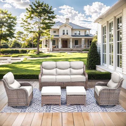 Wicker Patio Furniture Set 6 Inch Thick Cushion Outdoor Swivel Rocker Patio Chairs with Deep Seat Sofa 5PCS Outdoor Furniture Set for Porch Garden Deck