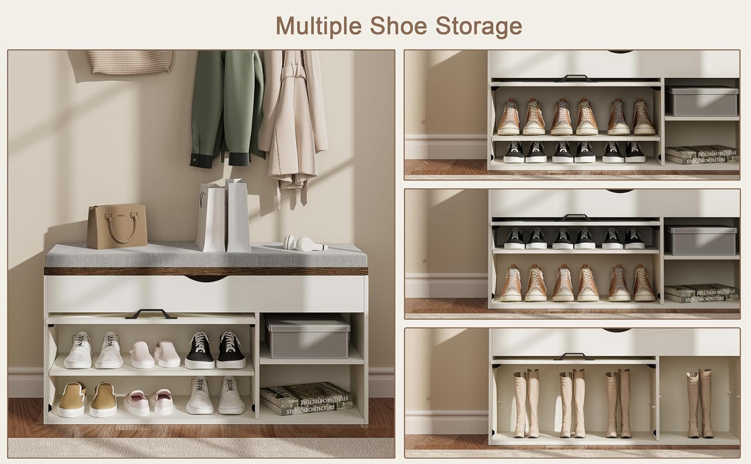 Storage Bench with Cushion, Shoe Bench with Lift Top Storage, Adjustable Shelf, Shoe Cabinet