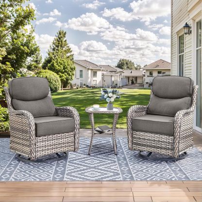 Outdoor Patio Wicker Swivel Rocker Chairs with 6-Inch Thick Cushion High Back 3 PCS