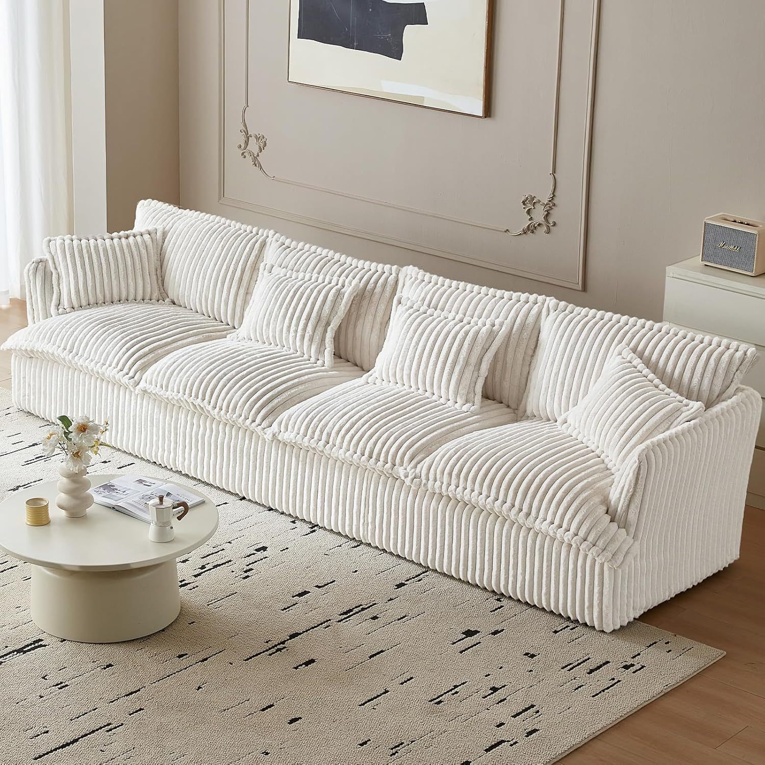 130.7" Corduroy Futon Couch, 4 Seater White Cloud Couch, Comfy Soft Sofa, Modern Corduroy Couch for Bedroom, Floor Couch for Living Room, Memory Foam Modular Cloud Couch (White, 4 Seater)