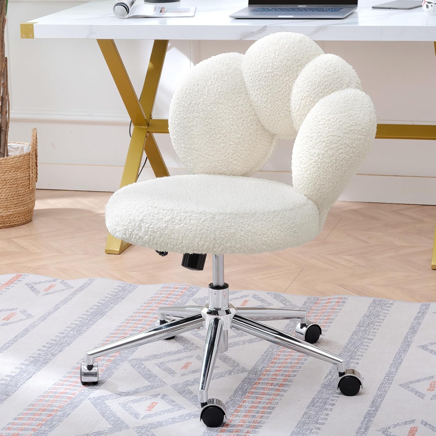 Cute Home Office Chair, Teddy Upholstered Desk Chair with Petal Back, Adjustable Home Desk Chair with Open Back
