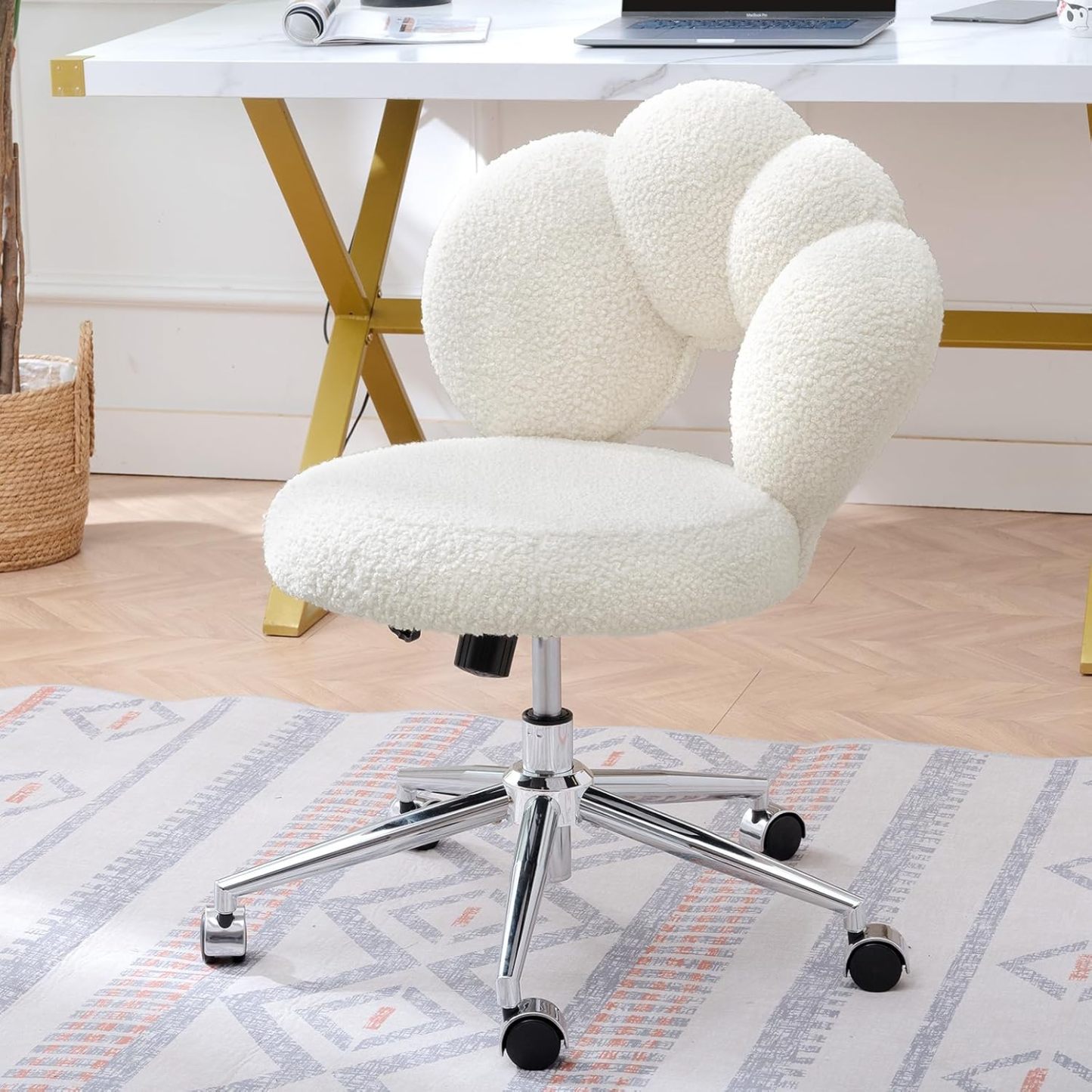 Cute Home Office Chair, Teddy Upholstered Desk Chair with Petal Back, Adjustable Home Desk Chair with Open Back