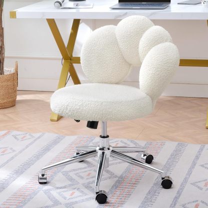 Cute Home Office Chair, Teddy Upholstered Desk Chair with Petal Back, Adjustable Home Desk Chair with Open Back
