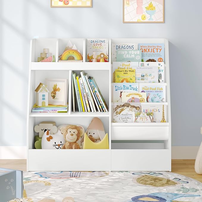 4 in 1 Kids Bookshelf and Toy Storage Organizer, 3-Tier Toy Organizers with Removable Toy Bins, Book Shelf for Kids Room
