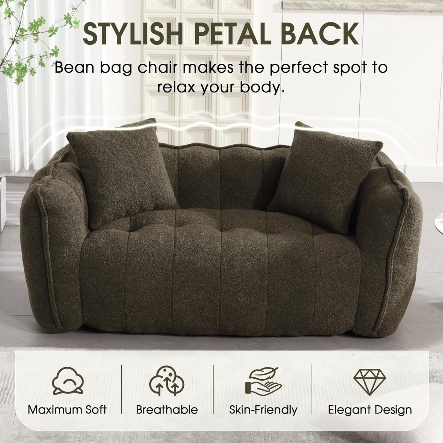 Giant Bean Bag Sofa Chair, Teddy Upholstered Bean Bag Couch with Petal Backrest, Tufted Lazy Sofa with Two Pillows