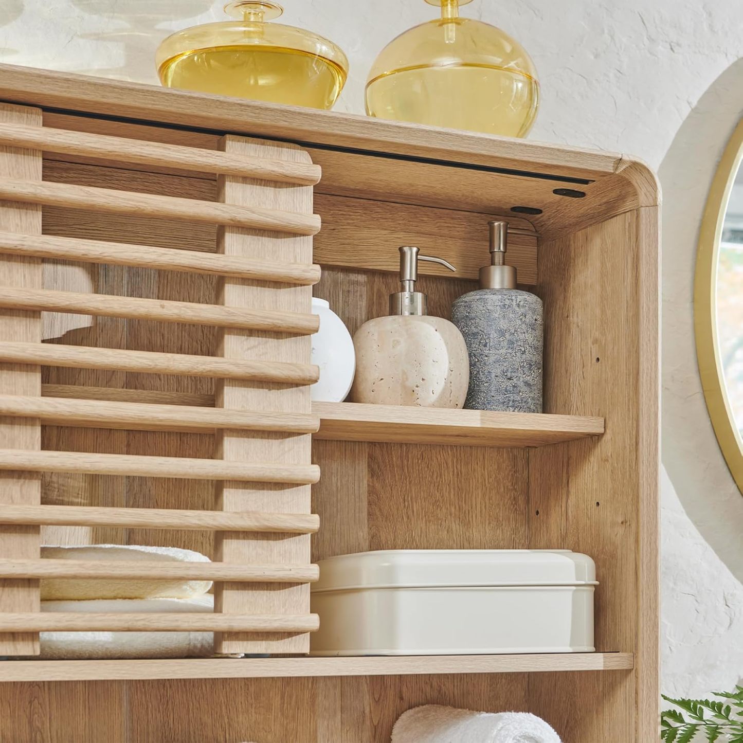 Bathroom Wall Cabinet, Mid-Century Medicine Cabinet with Slatted Sliding Door, Adjustable Shelf & Curved Edges