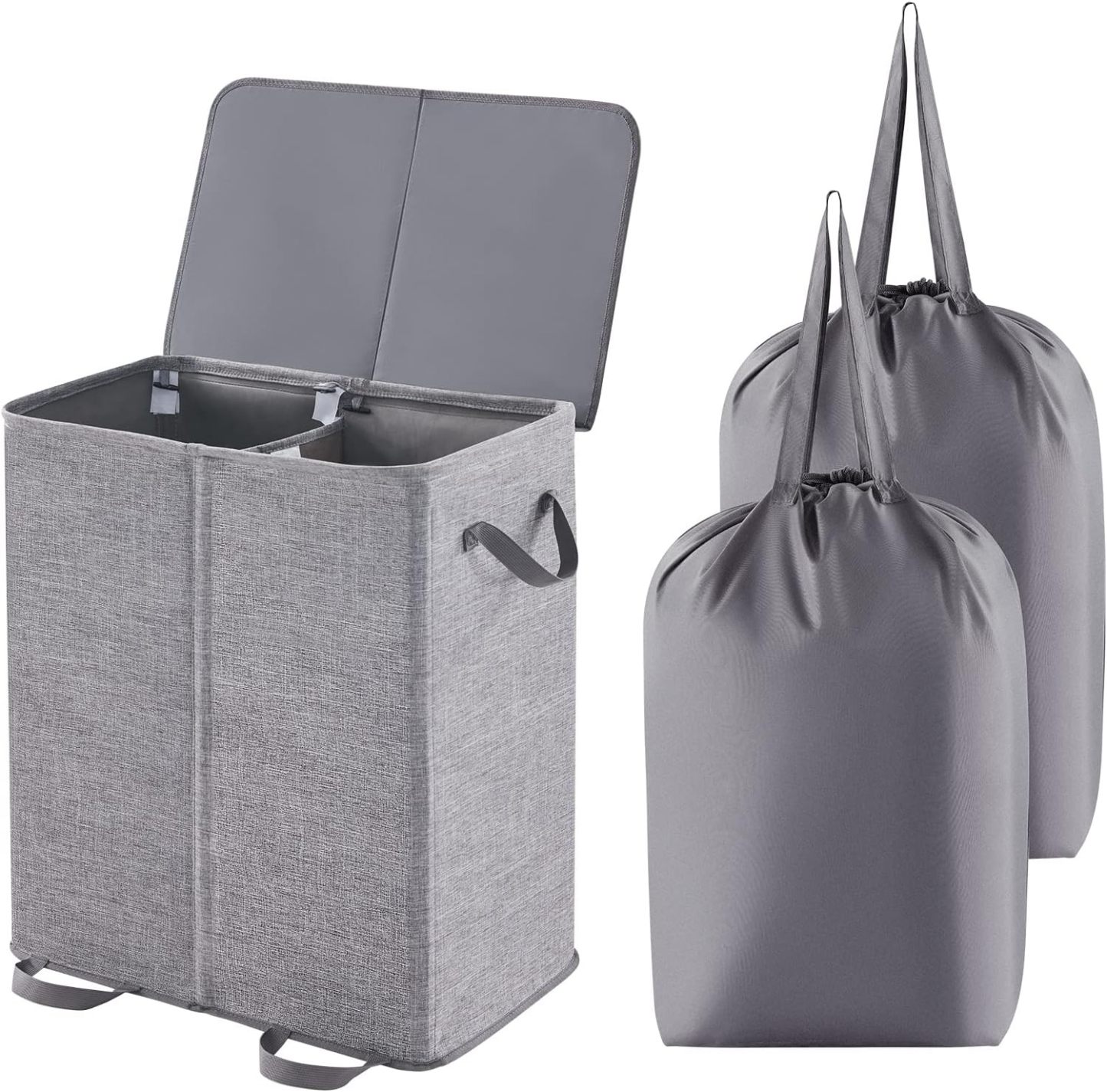 Double Laundry Hamper with Lid and Removable Laundry Bags, Large Collapsible 2 Dividers Dirty Clothes Basket with Handles