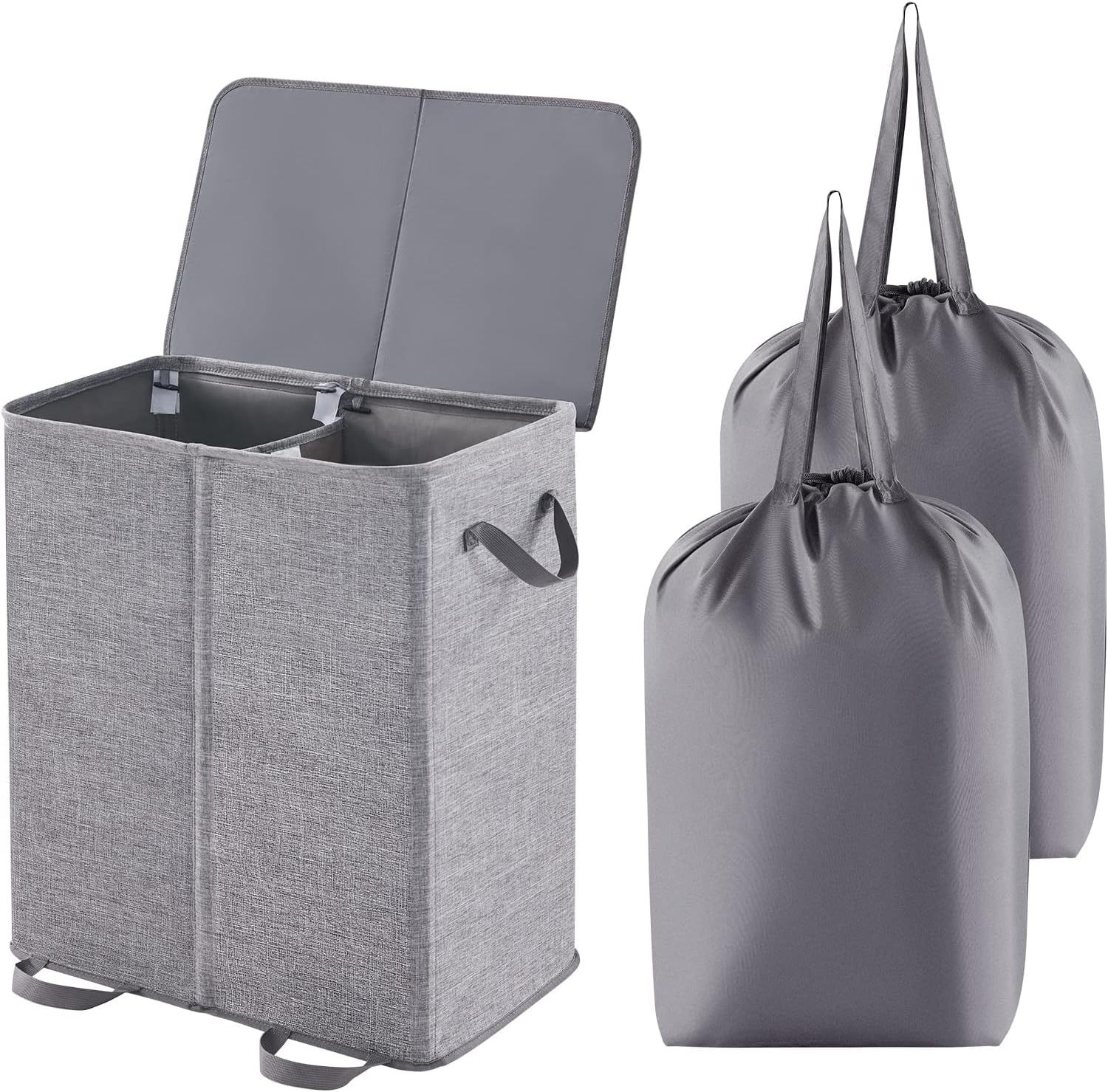 Double Laundry Hamper with Lid and Removable Laundry Bags, Large Collapsible 2 Dividers Dirty Clothes Basket with Handles