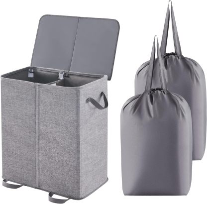 Double Laundry Hamper with Lid and Removable Laundry Bags, Large Collapsible 2 Dividers Dirty Clothes Basket with Handles