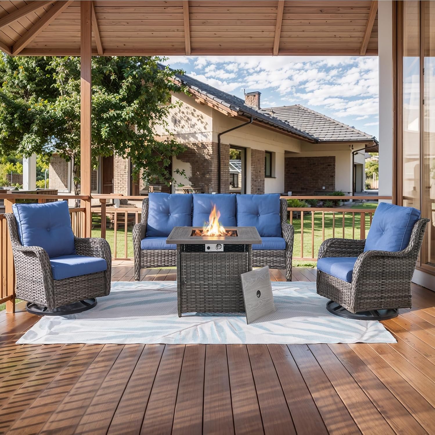 Furniture with Fire Pit 4-Piece Wicker Outdoor Sectional Couch and Swi